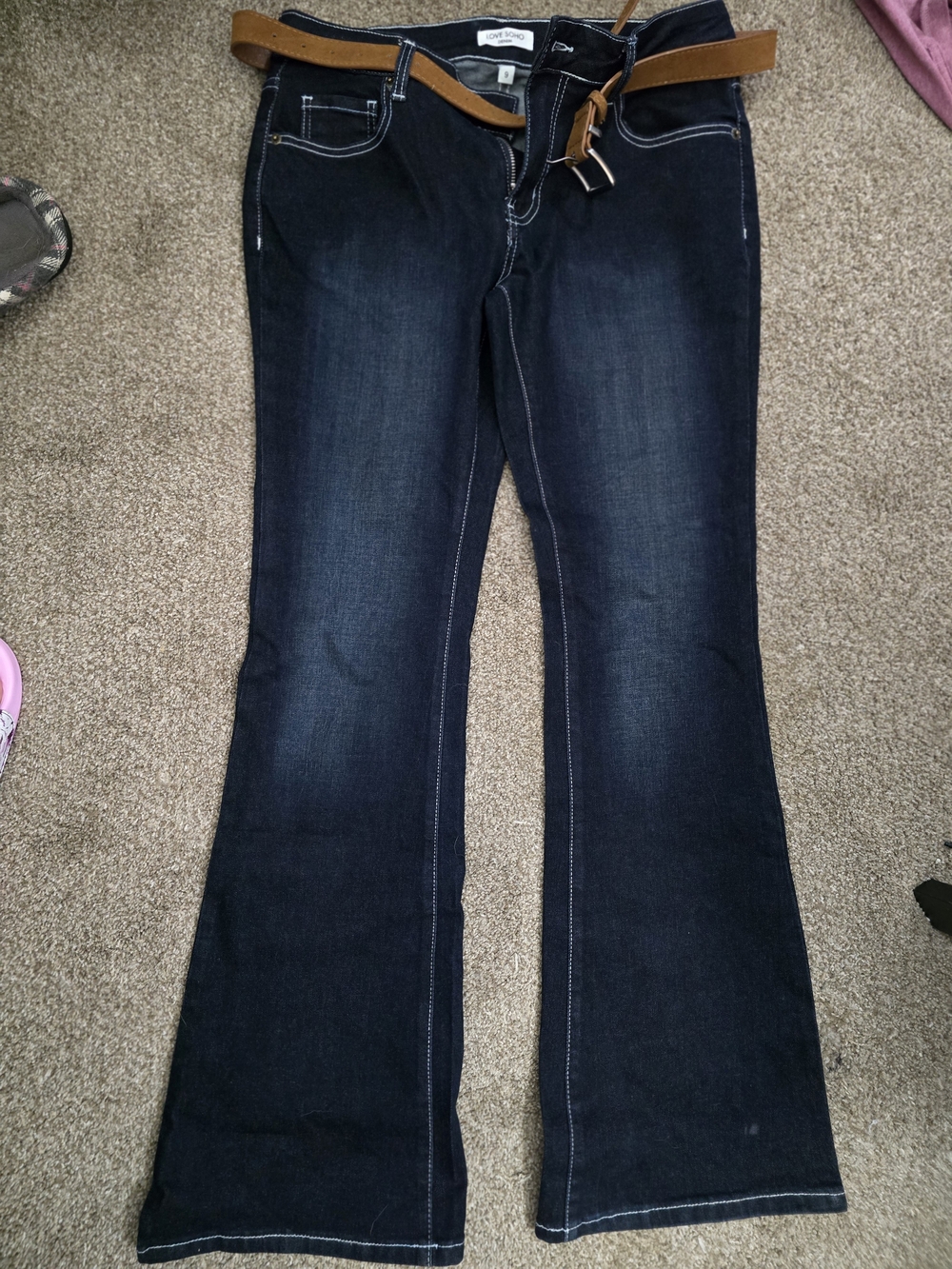 Dark Indigo Bootcut Jeans with Brown Belt - Unbranded